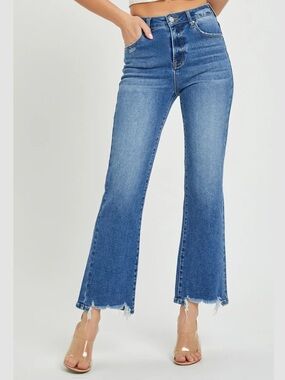 Risen High-Rise Distressed Hem Cropped Flare Jeans - Blue
